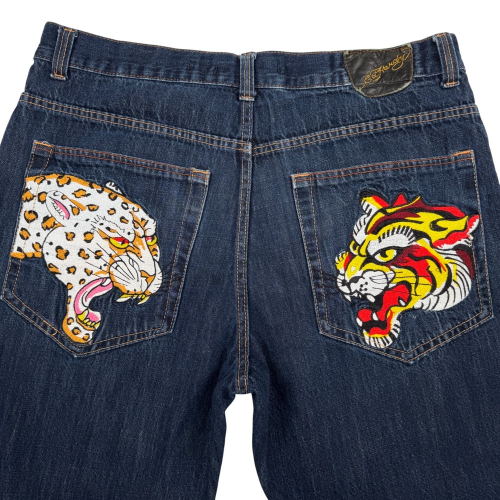 Ed Hardy Jeans Embroidered Tiger Leopard 38 Blue Denim Distressed Y2K Skater